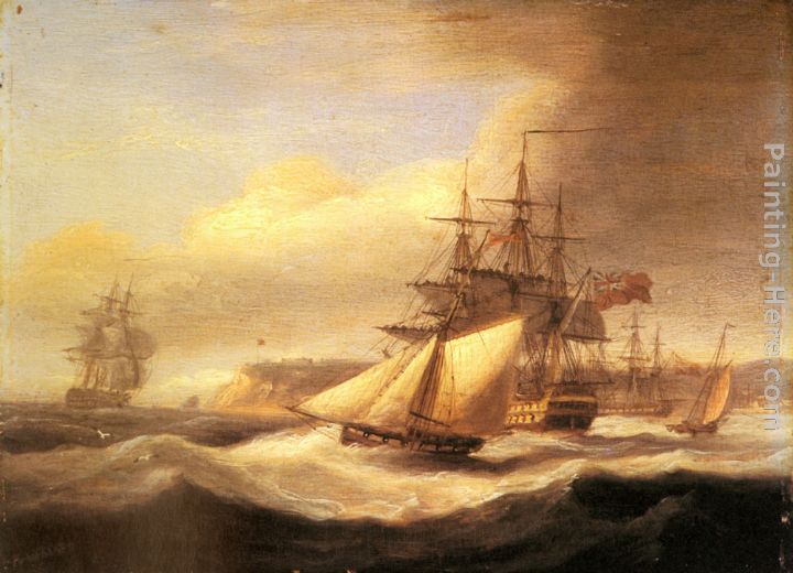 Naval ships setting sail with a revenue cutter off Berry Head, Torbay painting - Thomas Luny Naval ships setting sail with a revenue cutter off Berry Head, Torbay art painting